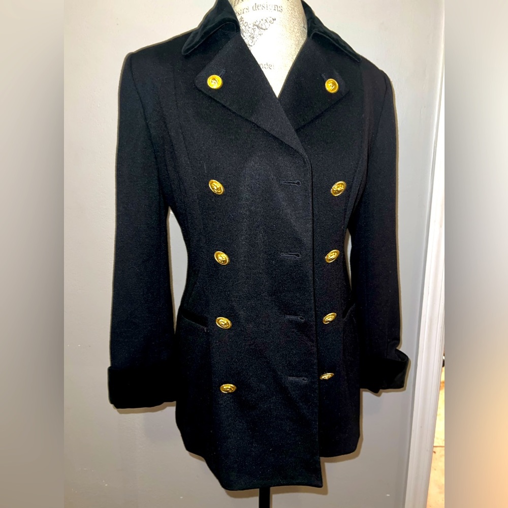 Casual Corner black blazer with velvet collar and cuffs.